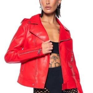 •Girl on Fire• Red Hot Zippered Vegan Leather Moto Biker Jacket